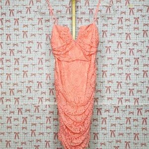 Saints + Secrets Elegant Coral Lace Mini Dress with Deep V boning Ruched Medium